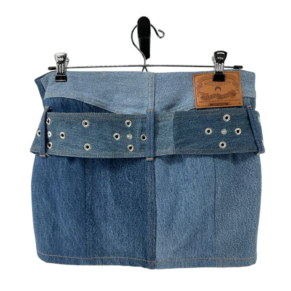Marine Serre Patchwork Blue Moonogram Belted Denim Skirt Size 40 - Picture 3 of 7